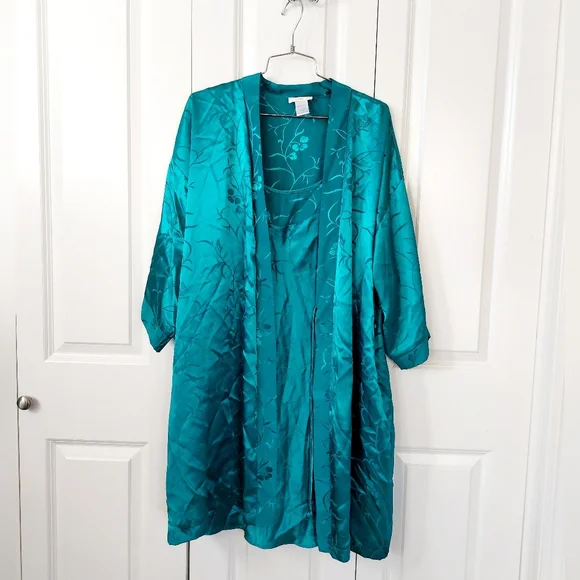 2pc Turqouise Nightgown Robe Boudoir Set Large Inner Most Floral Weave 80s Glam - Picture 2 of 6
